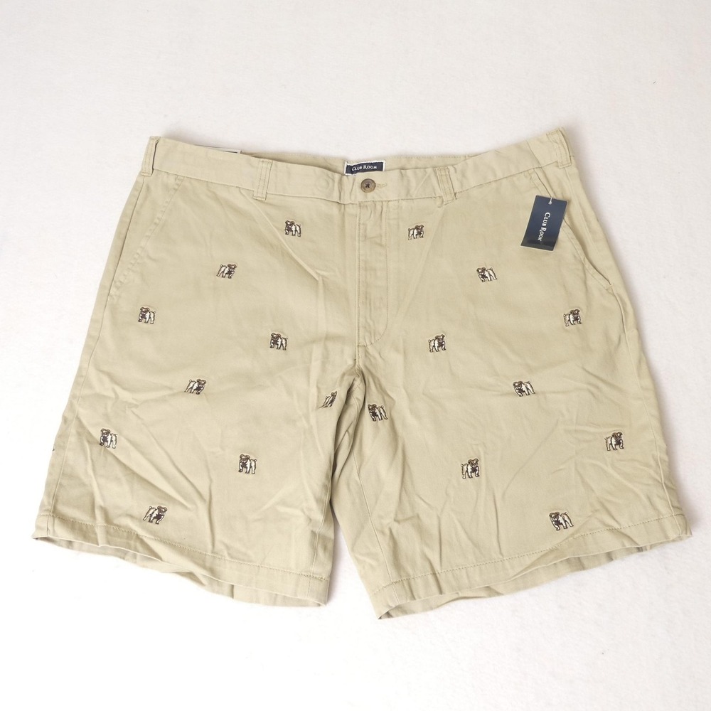 Club Room Shorts Mens 42 Khaki‎ Sand Bulldog Embroidered Flat Front Classic New